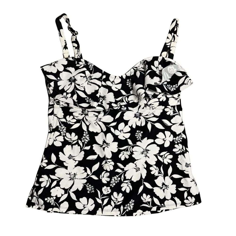ISLAND ESCAPE Tahiti Bandini Floral Ruffle Tankini Top Black White NWT Size 10